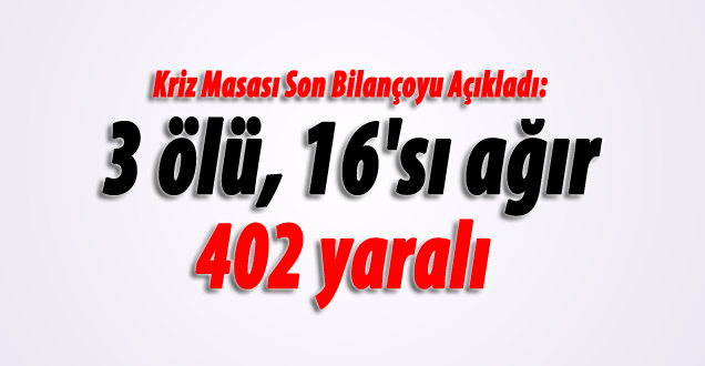 Kriz Masası son bilançoyu açıkladı: 3 ölü, 16'sı ağır 402 yaralı