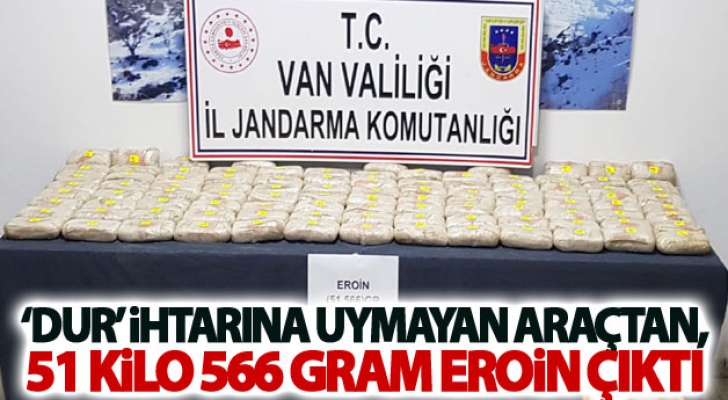 Dur ihtarına uymayan araçtan, 51 kilo 566 gram eroin çıktı